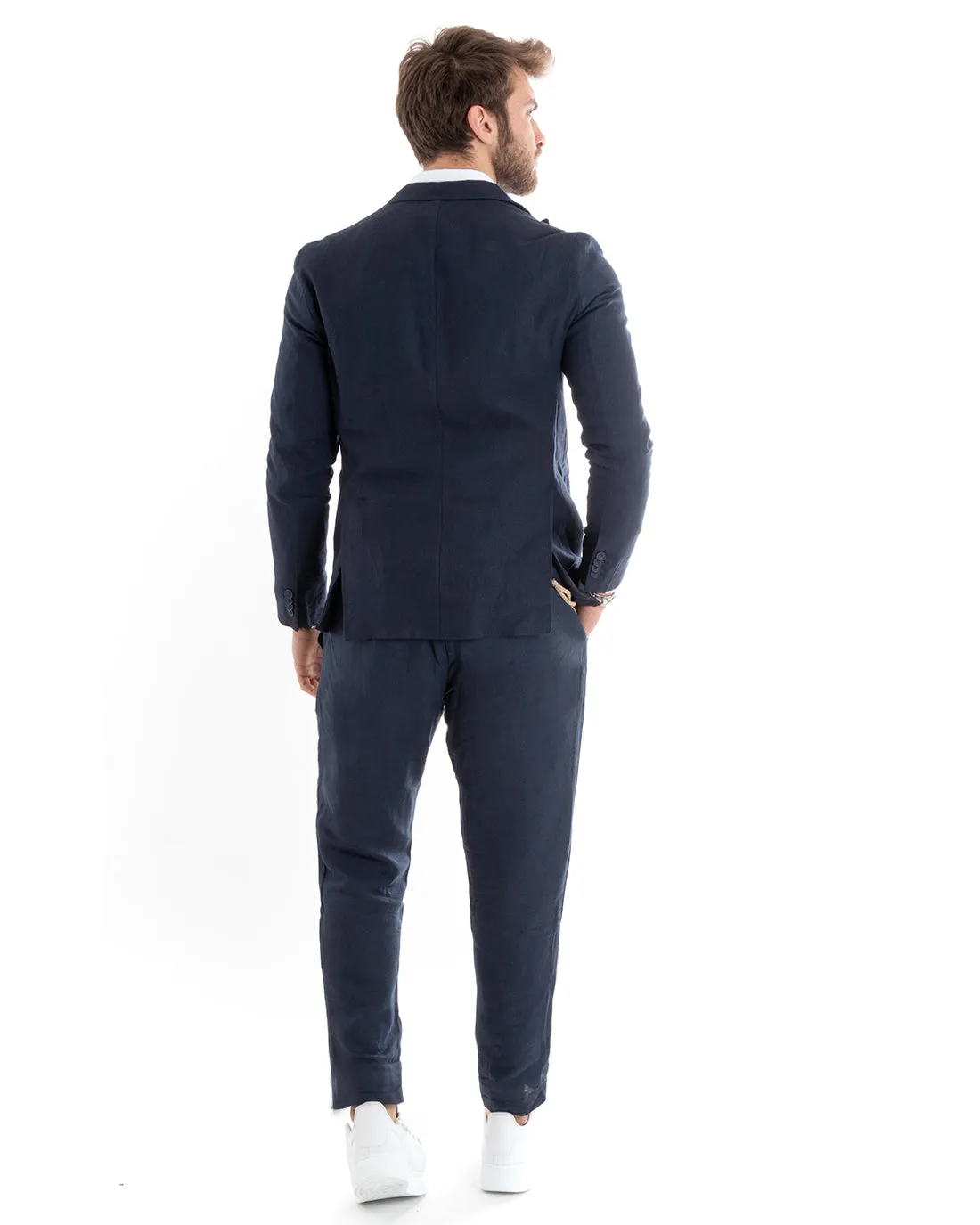 Abito Uomo Doppiopetto Completo Lino Sartoriale Giacca Pantaloni Tinta Unita Blu GIOSAL-OU2331A