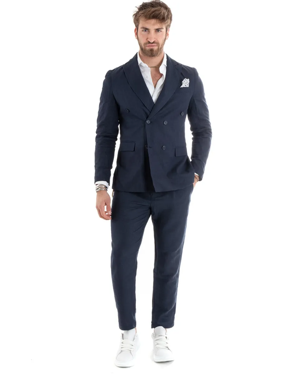 Abito Uomo Doppiopetto Completo Lino Sartoriale Giacca Pantaloni Tinta Unita Blu GIOSAL-OU2331A