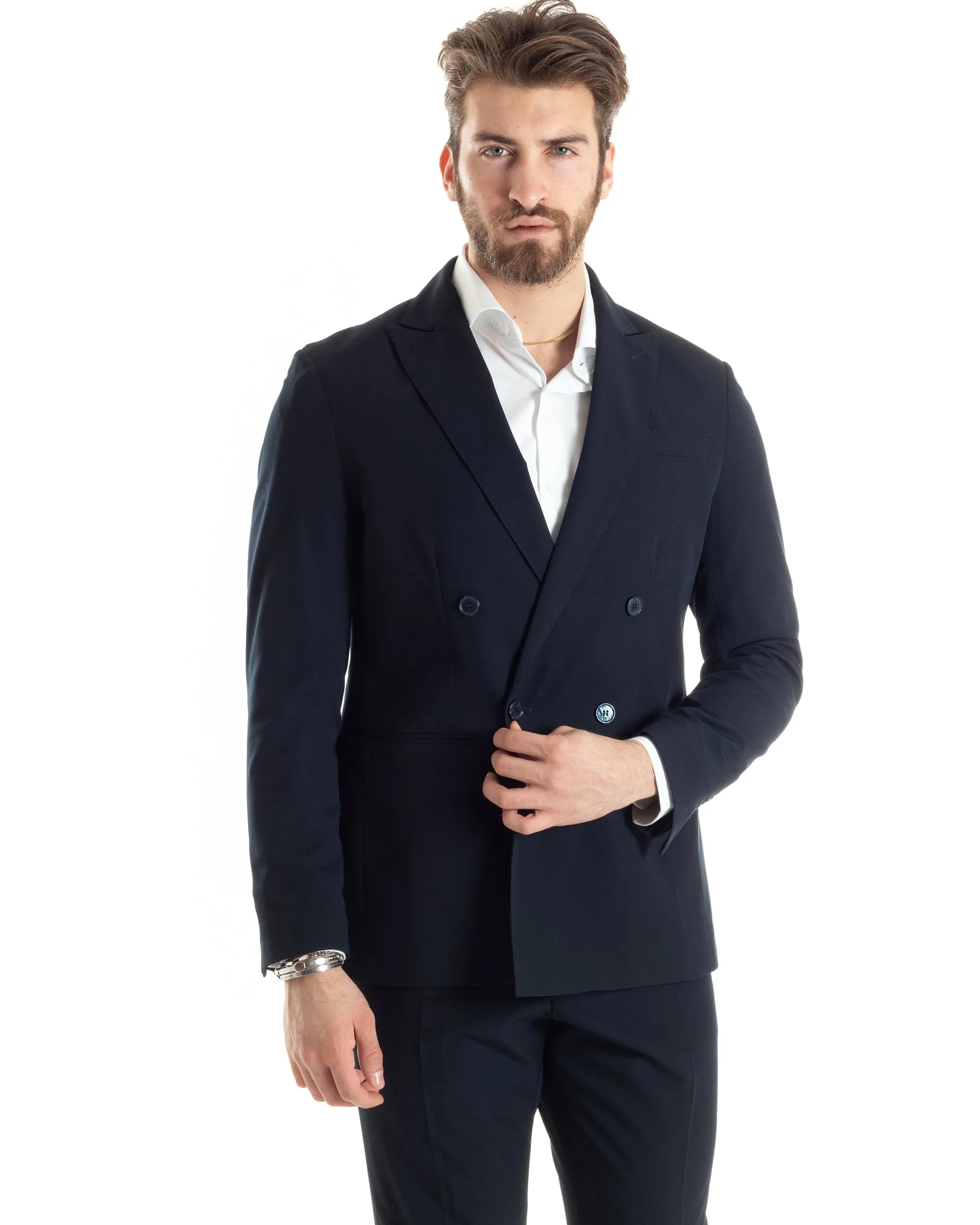 Abito Uomo Doppiopetto Vestito Completo Giacca Pantaloni Blu Tinta Unita Elegante Casual GIOSAL-AE1022A