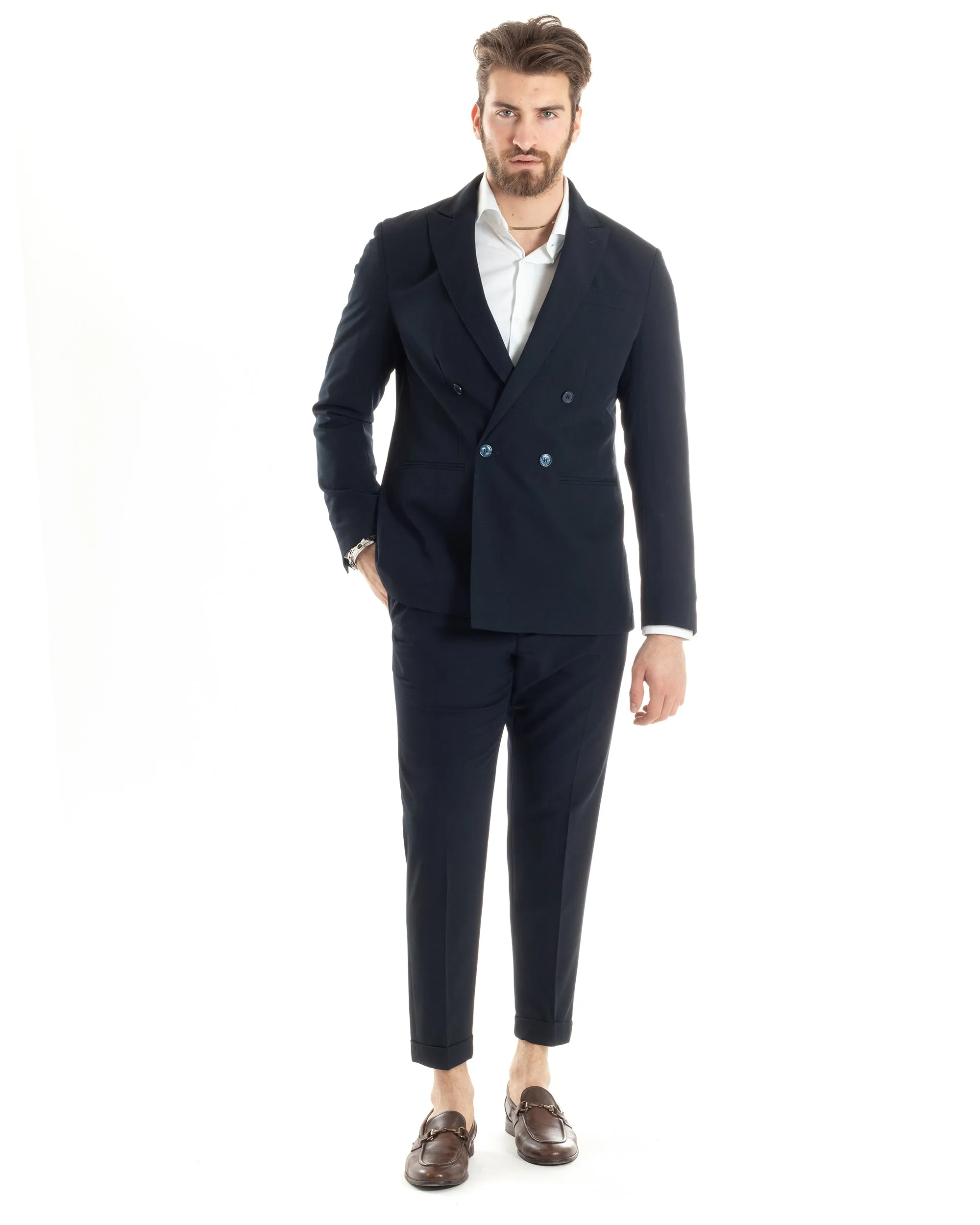 Abito Uomo Doppiopetto Vestito Completo Giacca Pantaloni Blu Tinta Unita Elegante Casual GIOSAL-AE1022A