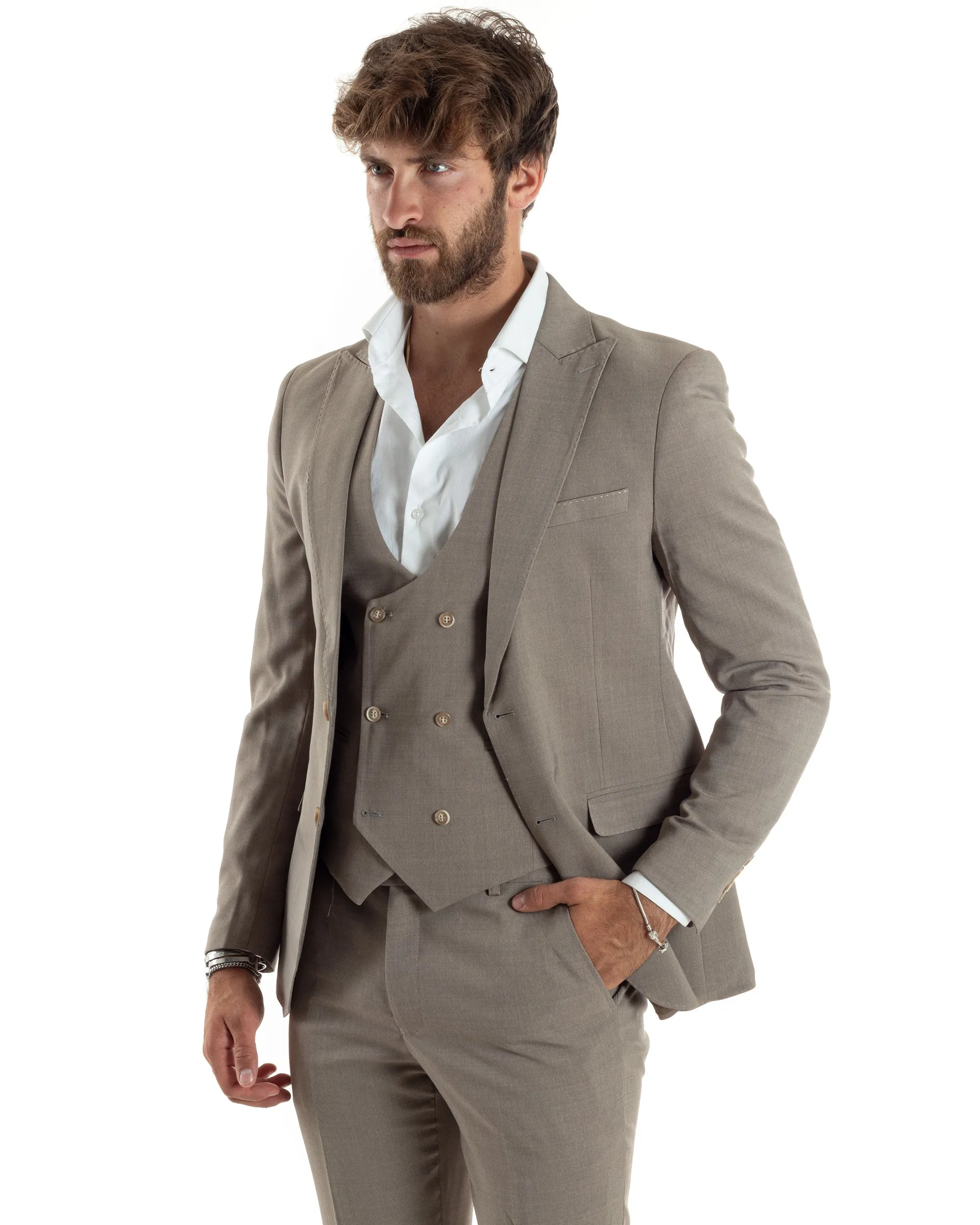 Abito Uomo Monopetto Vestito 3 Pezzi Completo Giacca Pantaloni Panciotto Elegante Sartoriale Beige Melangiato GIOSAL-AE1063A