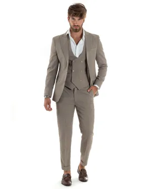 Abito Uomo Monopetto Vestito 3 Pezzi Completo Giacca Pantaloni Panciotto Elegante Sartoriale Beige Melangiato GIOSAL-AE1063A