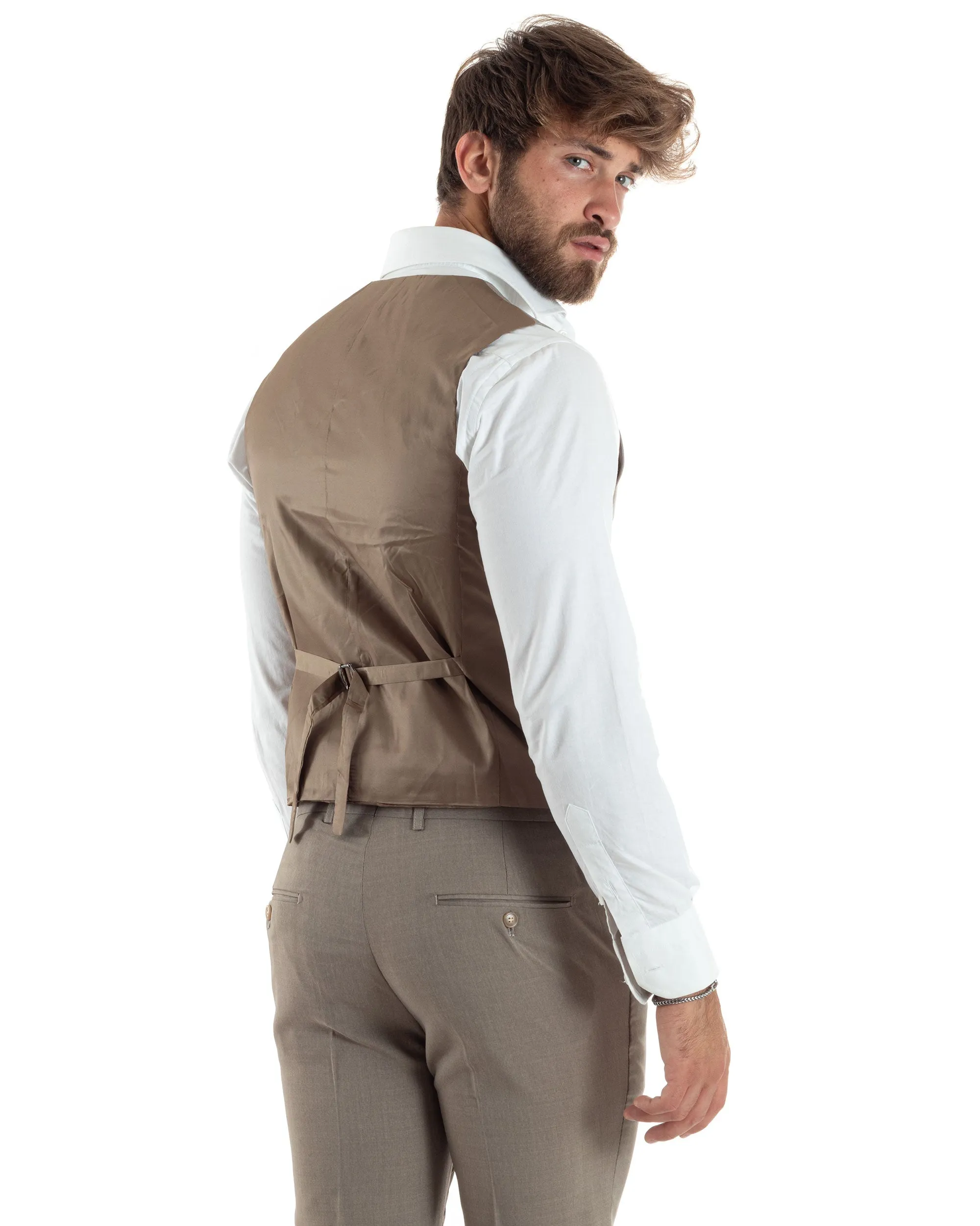 Abito Uomo Monopetto Vestito 3 Pezzi Completo Giacca Pantaloni Panciotto Elegante Sartoriale Beige Melangiato GIOSAL-AE1063A