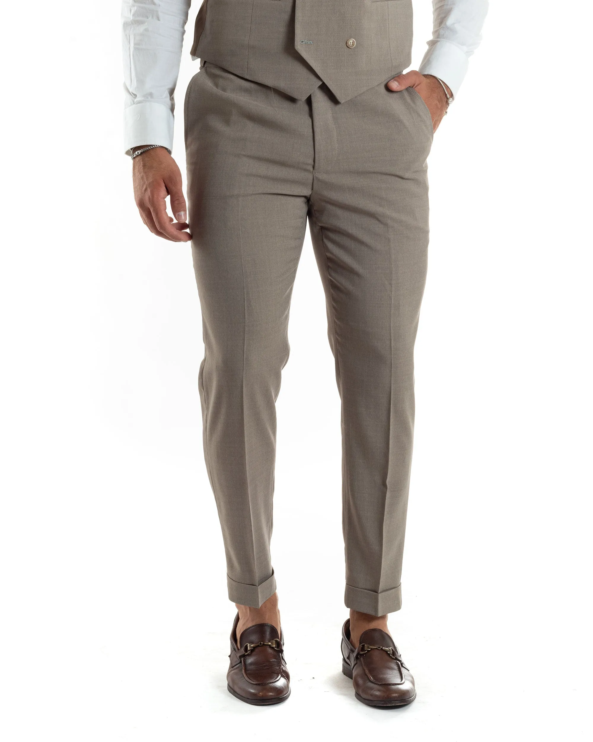 Abito Uomo Monopetto Vestito 3 Pezzi Completo Giacca Pantaloni Panciotto Elegante Sartoriale Beige Melangiato GIOSAL-AE1063A