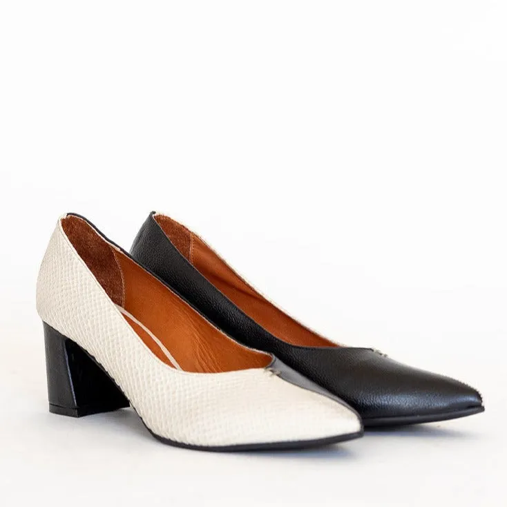 Antoinette block heel pumps in black/off white leather womens shoes