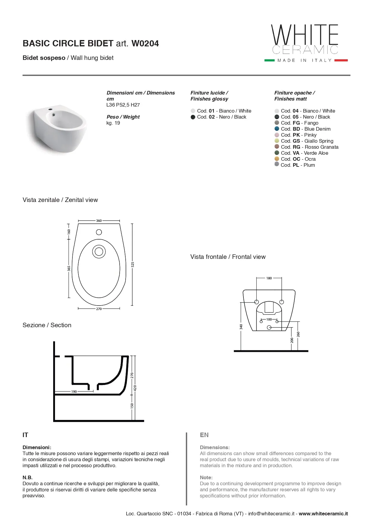 Bidet Sospeso Basic Circle White Ceramic