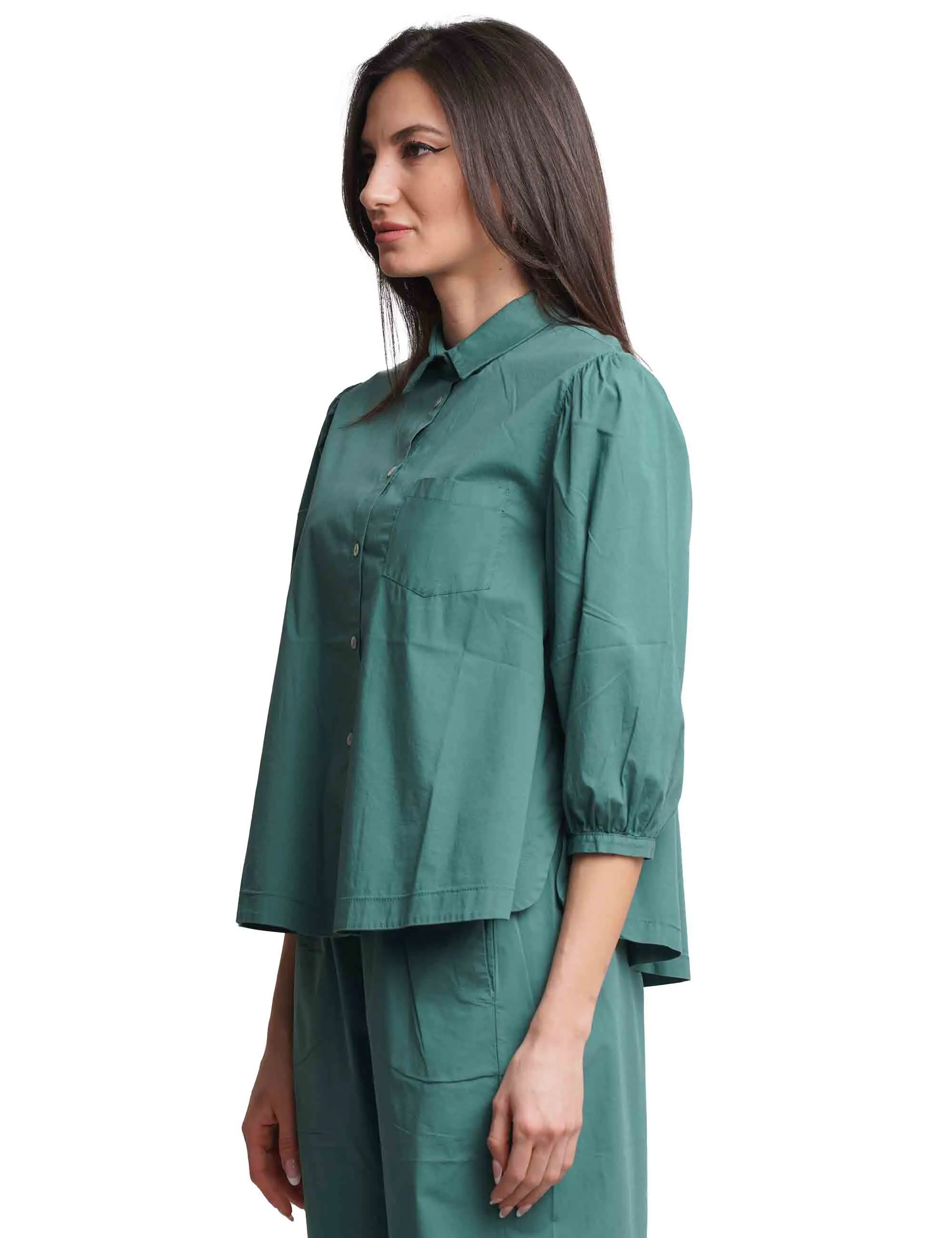 Camicie donna in cotone verde con maniche a sbuffo