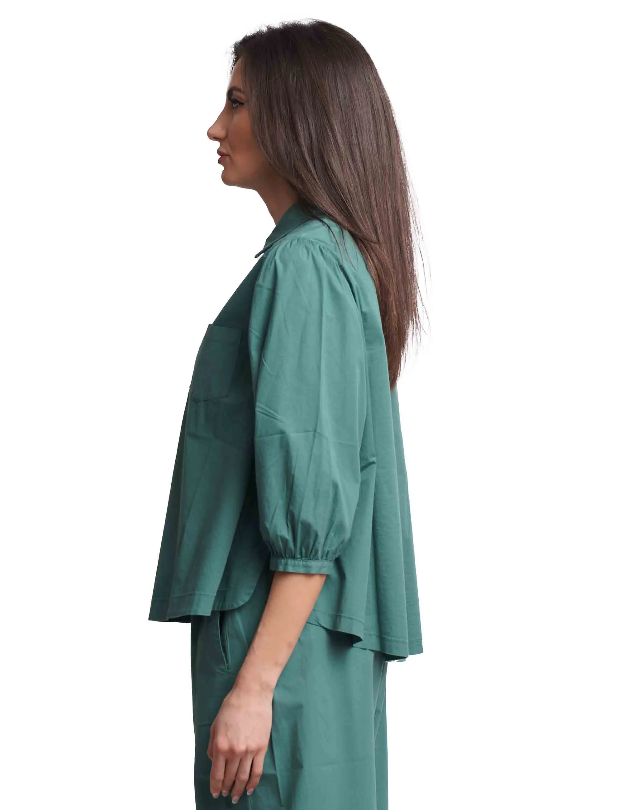 Camicie donna in cotone verde con maniche a sbuffo