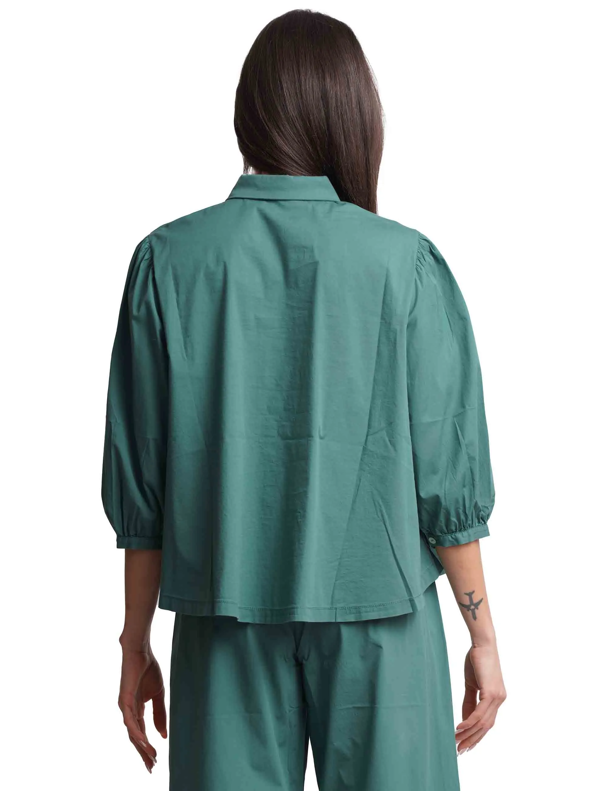 Camicie donna in cotone verde con maniche a sbuffo