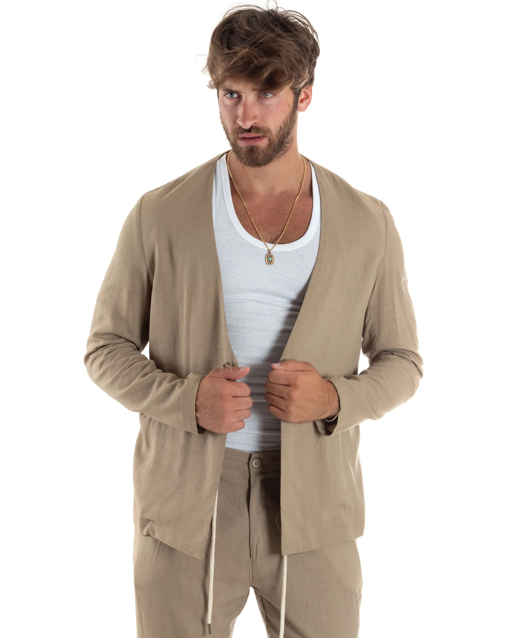 Completo Set Coordinato Uomo Lino Elegante Giacca Monopetto Senza Revers Scollata Pantaloni Basic Con Coulisse Outfit Regular Fit Camel GIOSAL-OU2467A