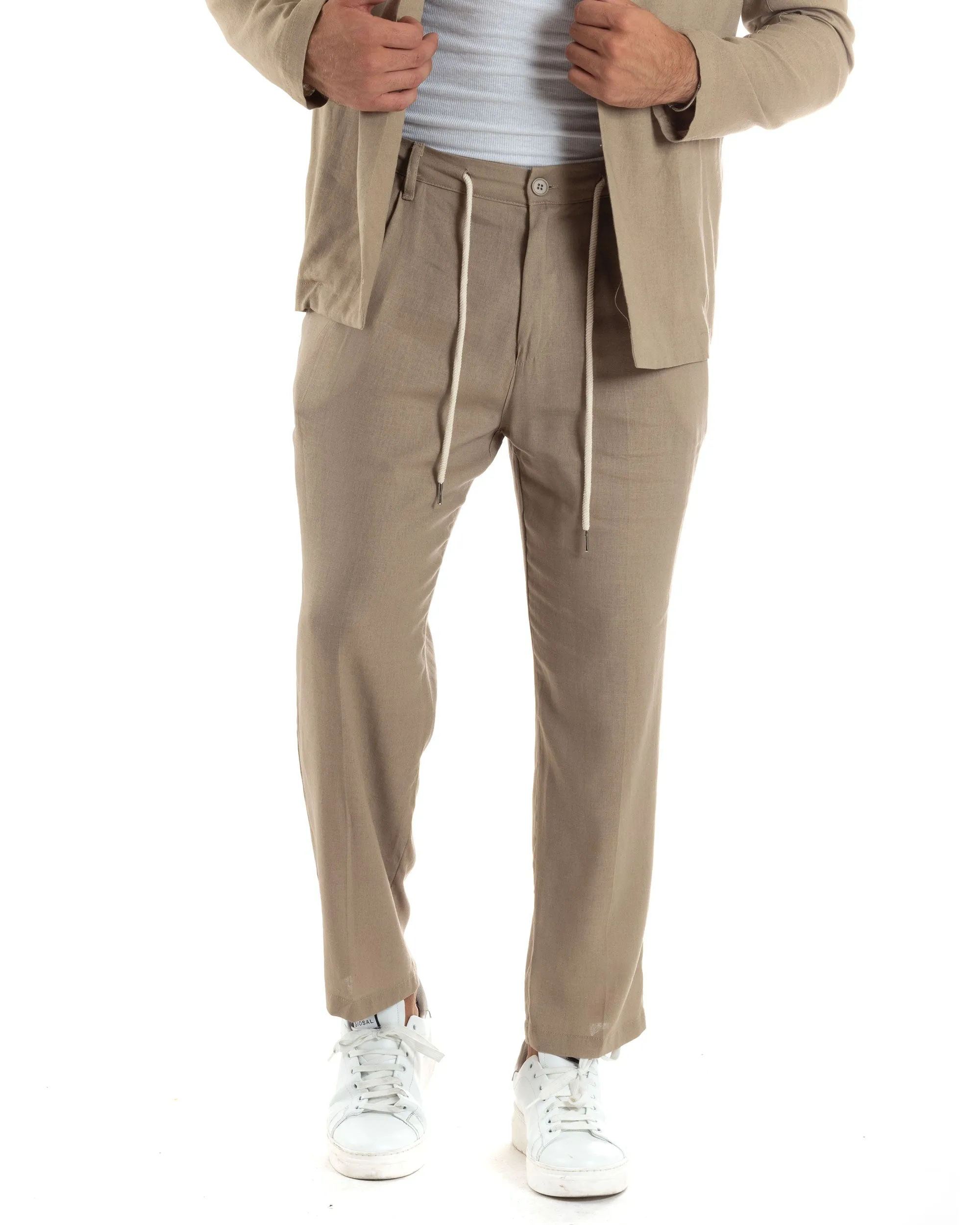 Completo Set Coordinato Uomo Lino Elegante Giacca Monopetto Senza Revers Scollata Pantaloni Basic Con Coulisse Outfit Regular Fit Camel GIOSAL-OU2467A