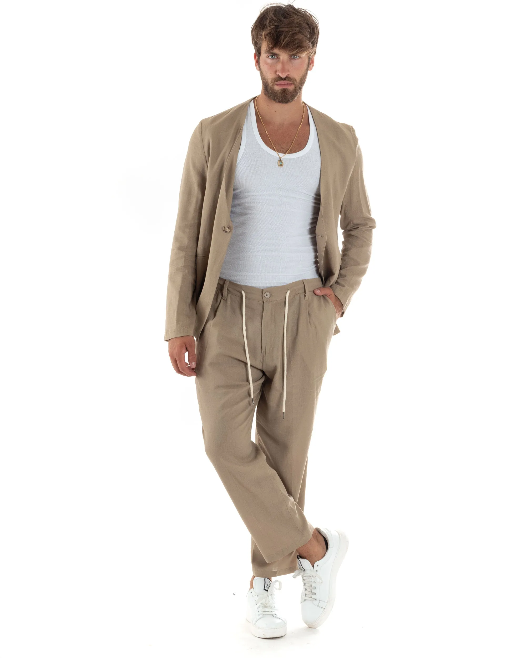 Completo Set Coordinato Uomo Lino Elegante Giacca Monopetto Senza Revers Scollata Pantaloni Basic Con Coulisse Outfit Regular Fit Camel GIOSAL-OU2467A