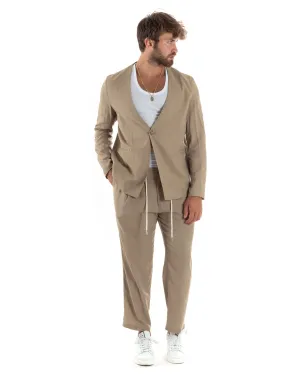 Completo Set Coordinato Uomo Lino Elegante Giacca Monopetto Senza Revers Scollata Pantaloni Basic Con Coulisse Outfit Regular Fit Camel GIOSAL-OU2467A