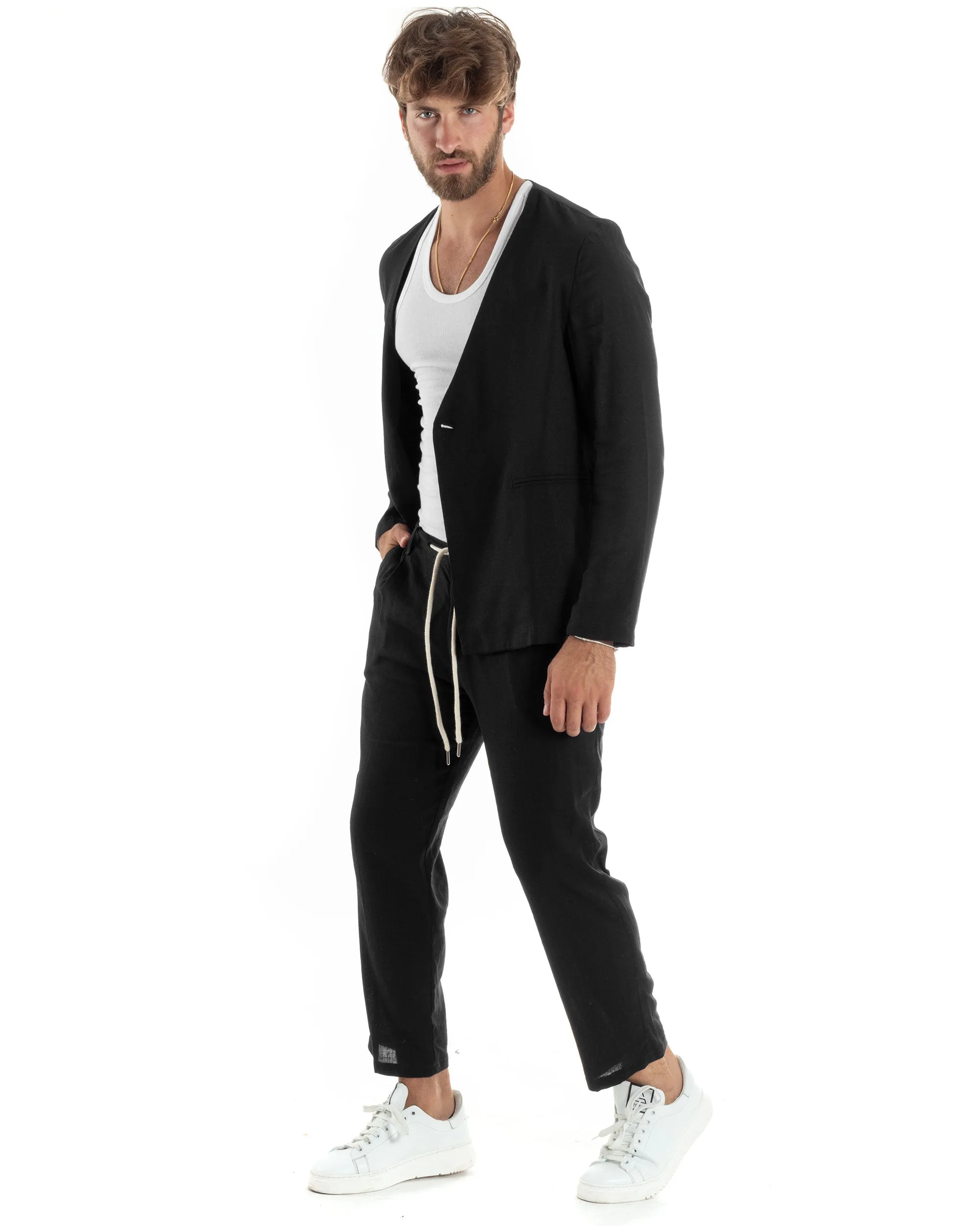 Completo Set Coordinato Uomo Lino Elegante Giacca Monopetto Senza Revers Scollata Pantaloni Basic Con Coulisse Outfit Regular Fit Nero GIOSAL-OU2466A