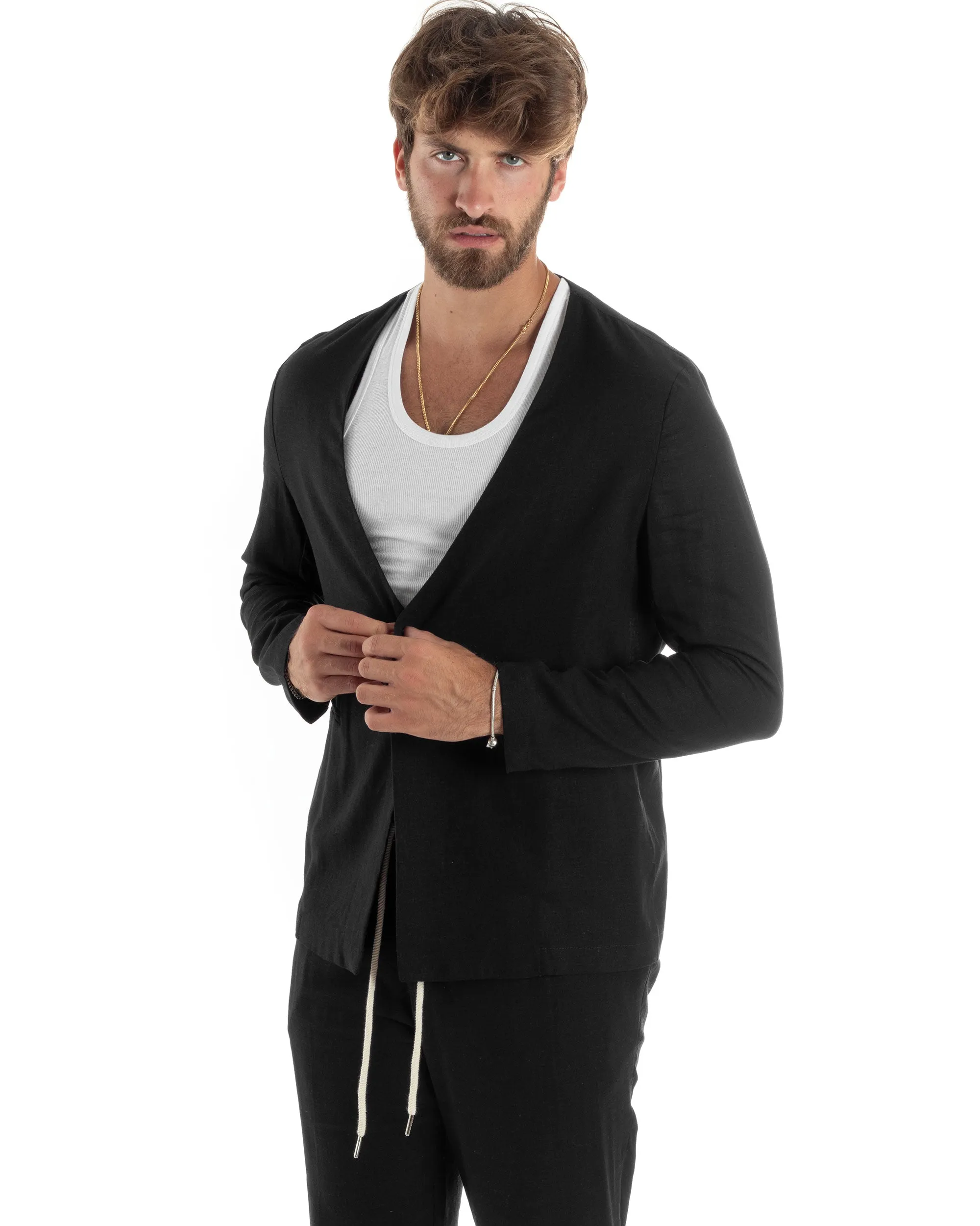 Completo Set Coordinato Uomo Lino Elegante Giacca Monopetto Senza Revers Scollata Pantaloni Basic Con Coulisse Outfit Regular Fit Nero GIOSAL-OU2466A