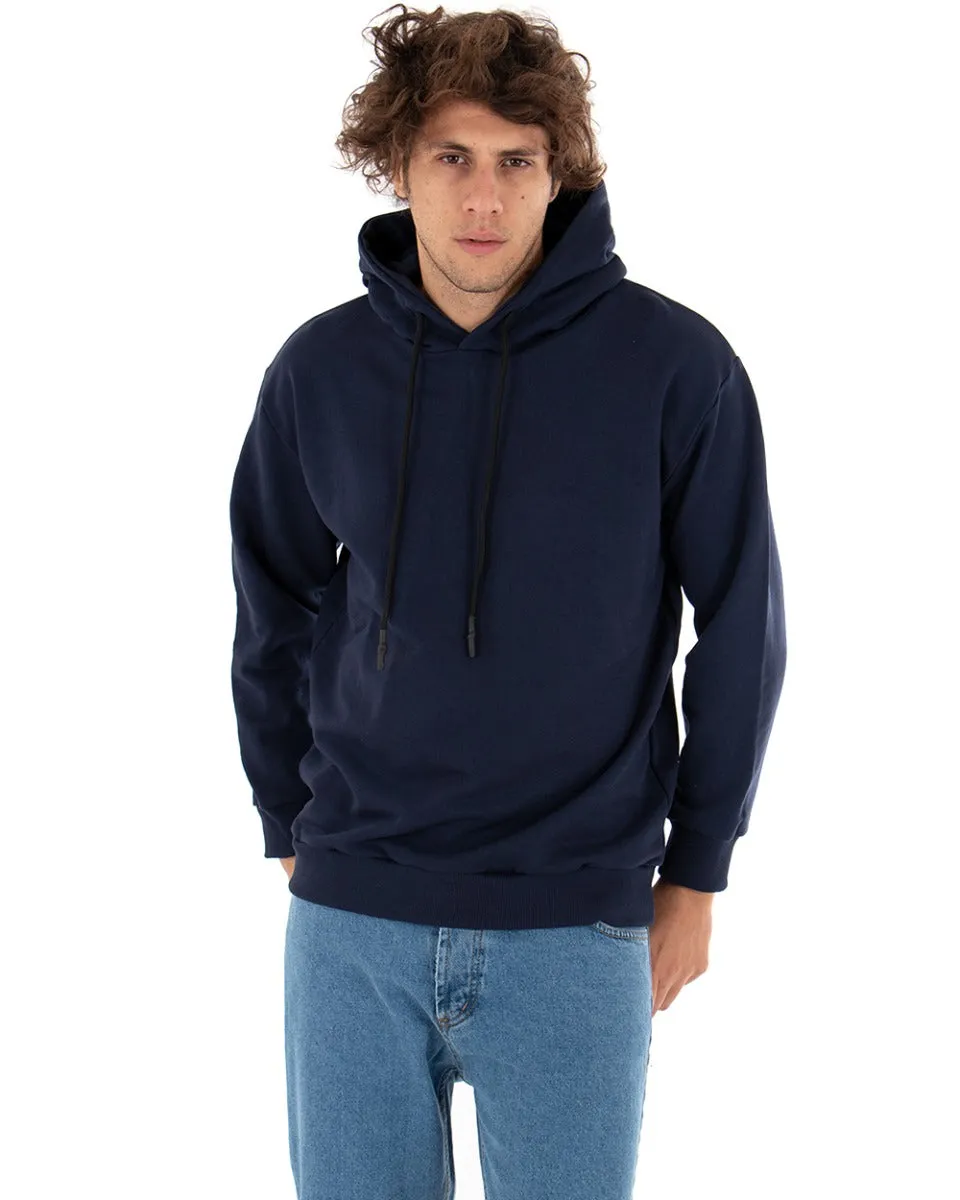 Felpa Con Cappuccio Uomo Basic Tinta Unita Blu Comoda Relaxed Fit Garzata Leggera GIOSAL-F2868A