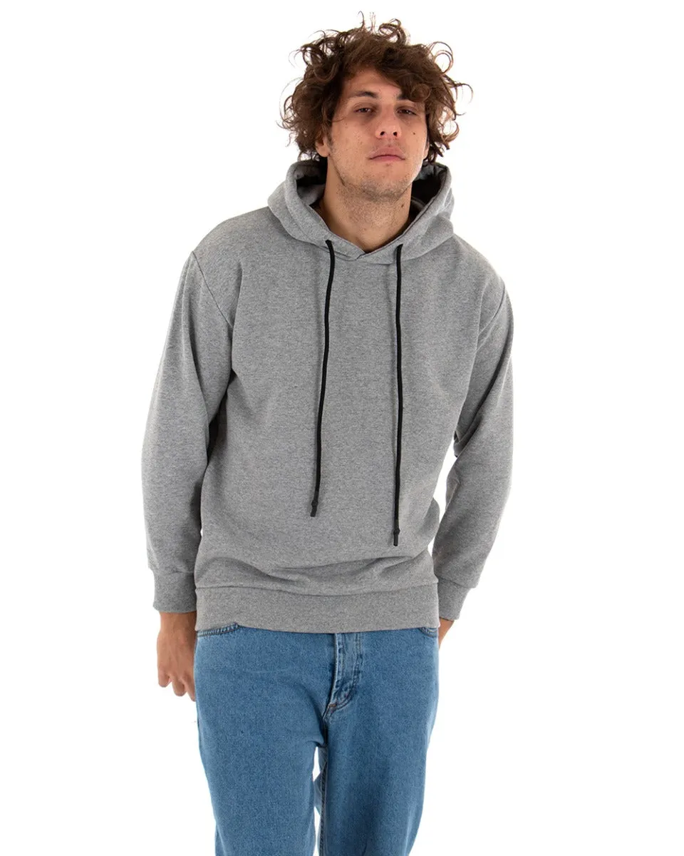 Felpa Con Cappuccio Uomo Basic Tinta Unita Grigio Comoda Relaxed Fit Garzata Leggera GIOSAL-F2867A