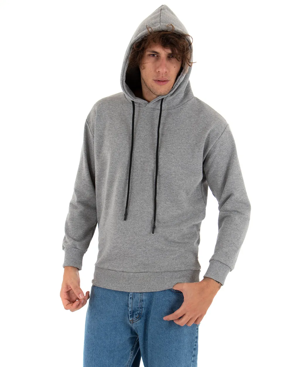 Felpa Con Cappuccio Uomo Basic Tinta Unita Grigio Comoda Relaxed Fit Garzata Leggera GIOSAL-F2867A