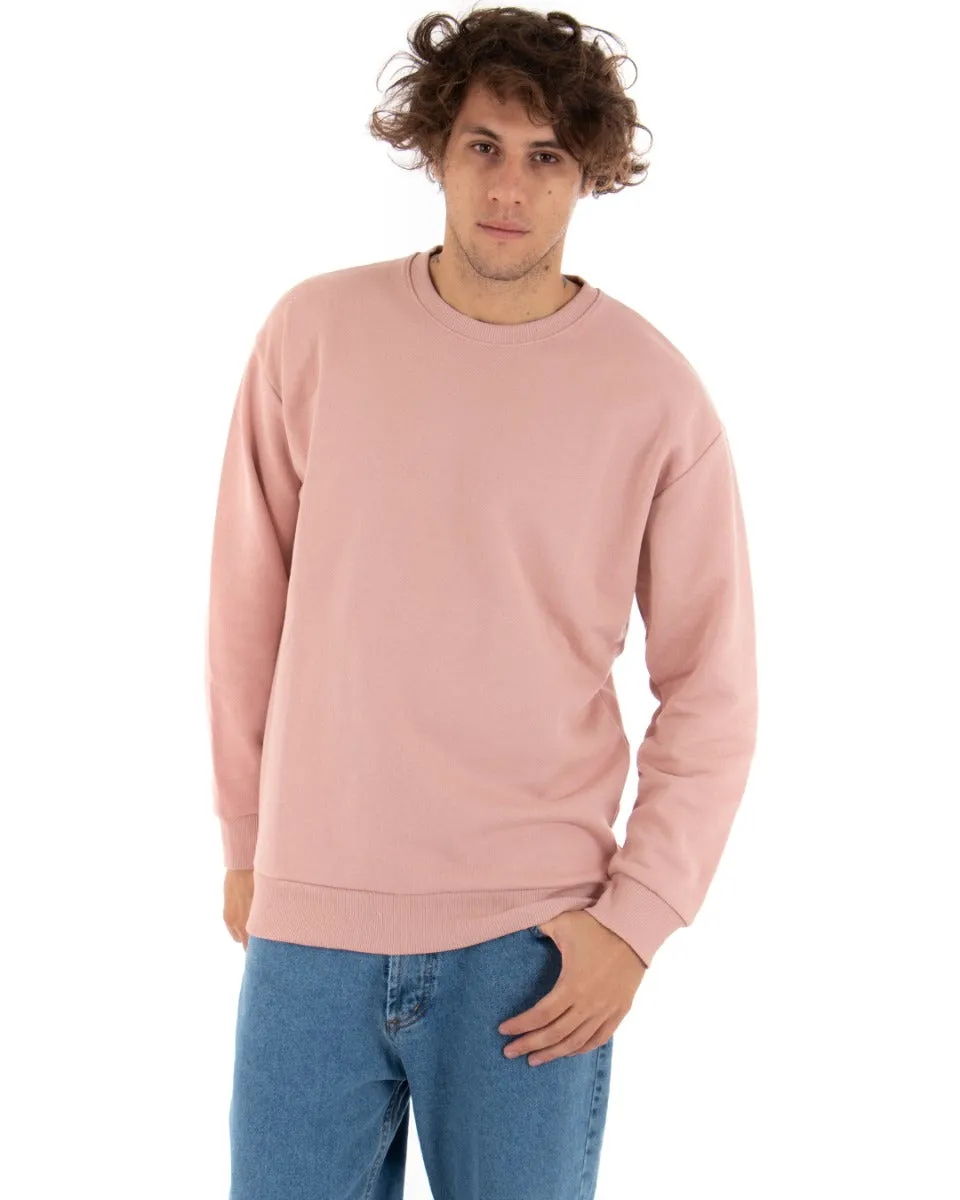 Felpa Girocollo Uomo Basic Tinta Unita Rosa Comoda Relaxed Fit Garzata Leggera GIOSAL-F2854A