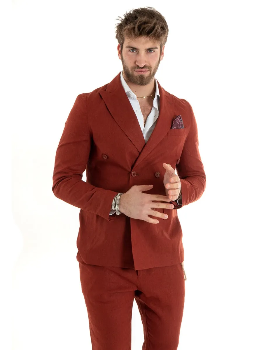 Giacca Uomo Doppiopetto Lino Tinta Unita Mattone Sartoriale Cerimonia Elegante Casual GIOSAL-G3066A