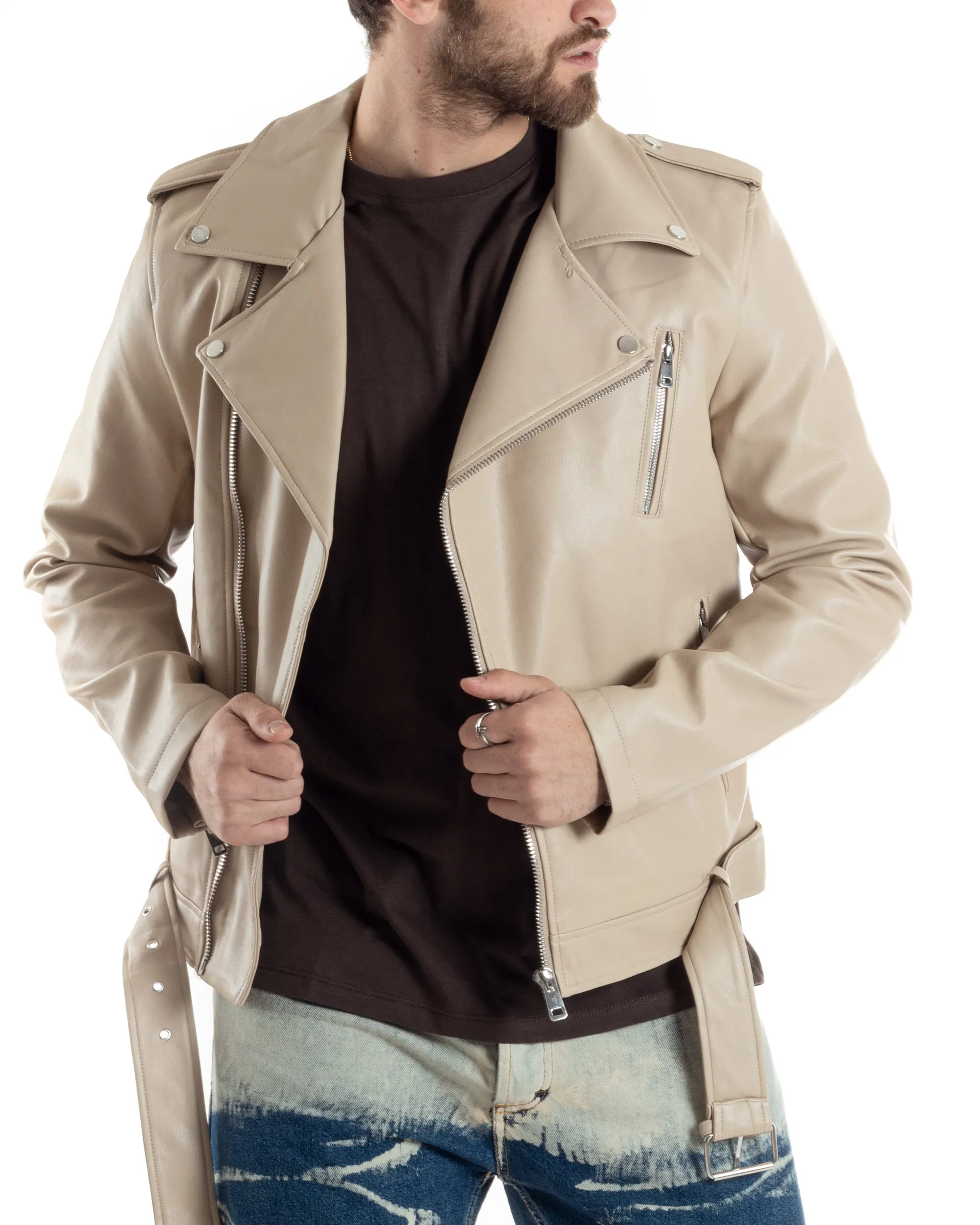 Giubbotto Uomo Biker Chiodo Ecopelle Morbida Tinta Unita Beige Casual GIOSAL-G3168A