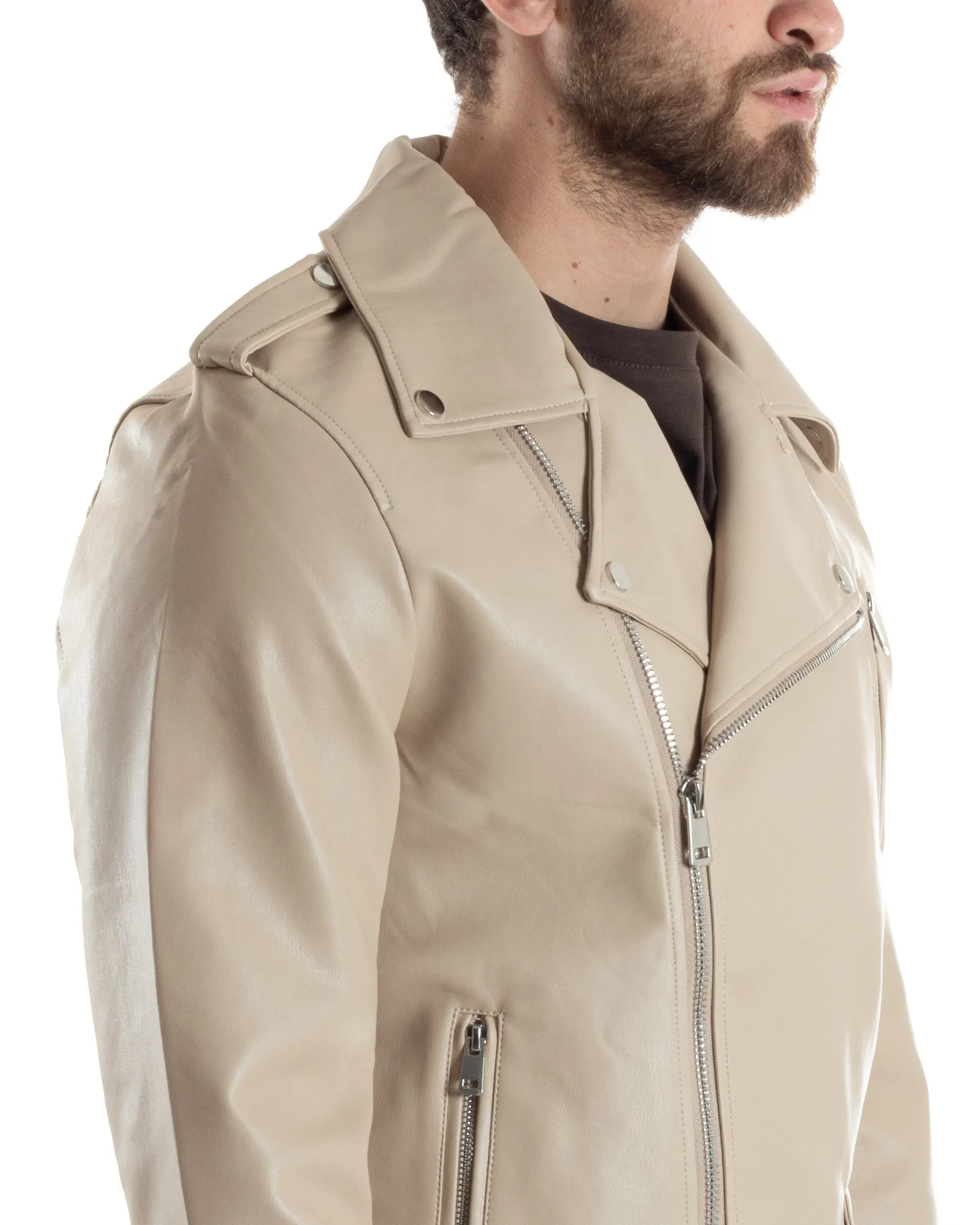 Giubbotto Uomo Biker Chiodo Ecopelle Morbida Tinta Unita Beige Casual GIOSAL-G3168A