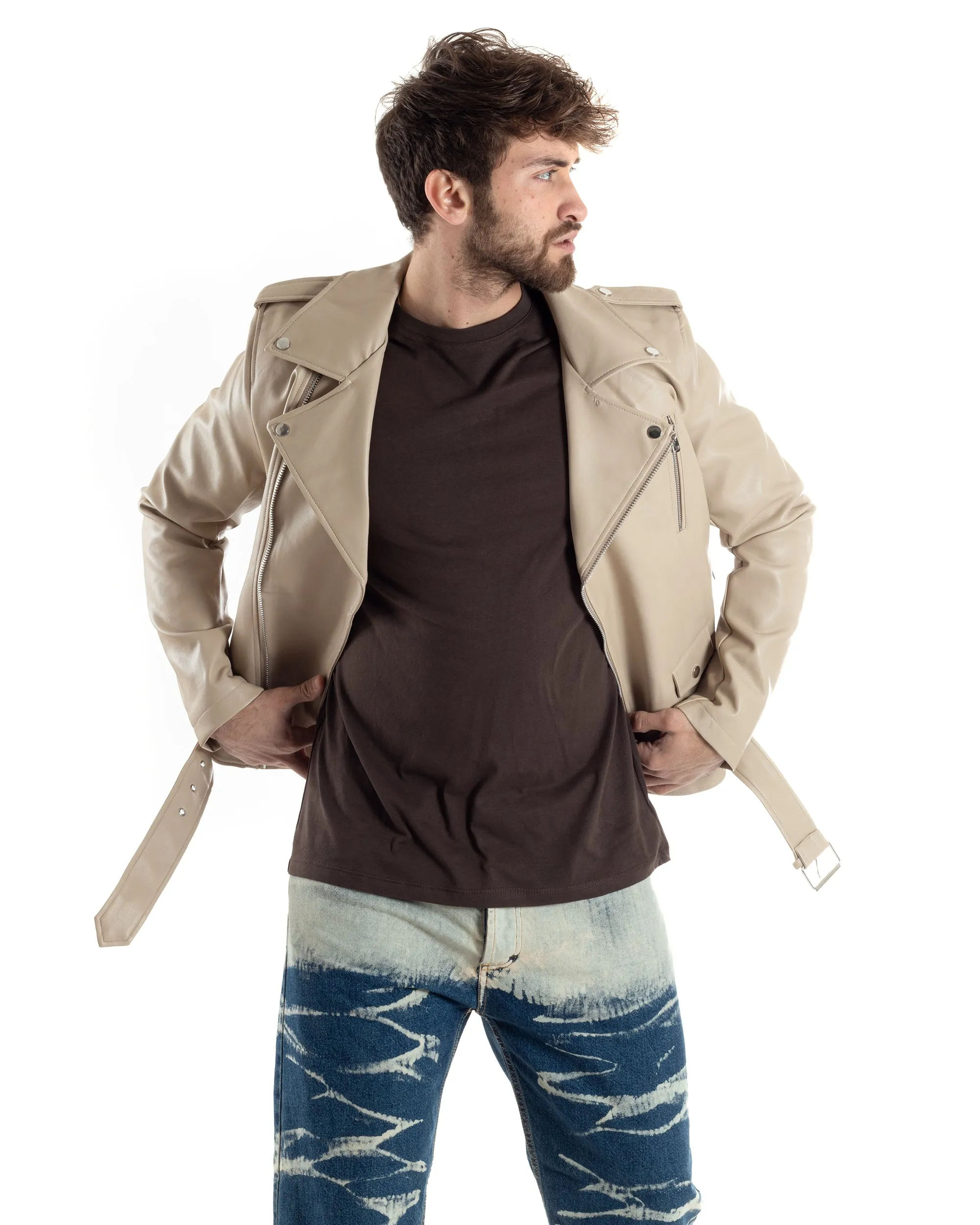 Giubbotto Uomo Biker Chiodo Ecopelle Morbida Tinta Unita Beige Casual GIOSAL-G3168A