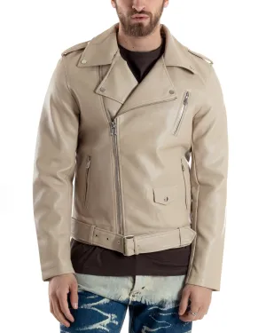 Giubbotto Uomo Biker Chiodo Ecopelle Morbida Tinta Unita Beige Casual GIOSAL-G3168A