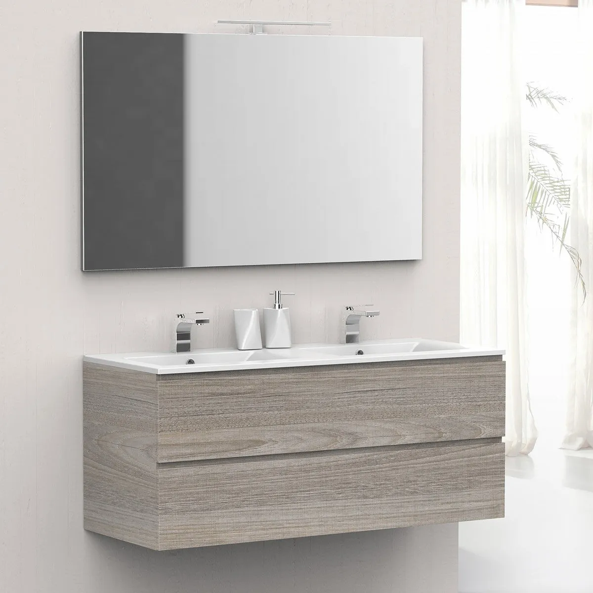 Mobile Bagno Sospeso Doppio Lavabo 120cm Rovere Leder