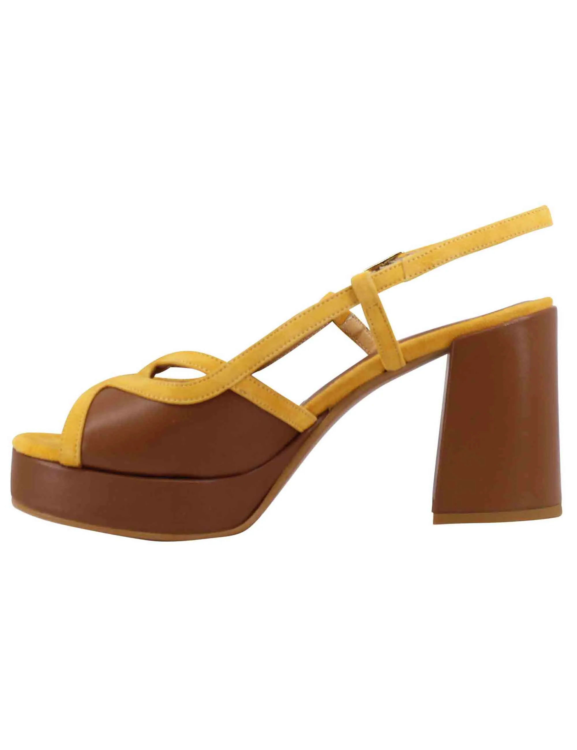 Sandali slingback donna in camoscio giallo e pelle cuoio con tacco alto e plateau