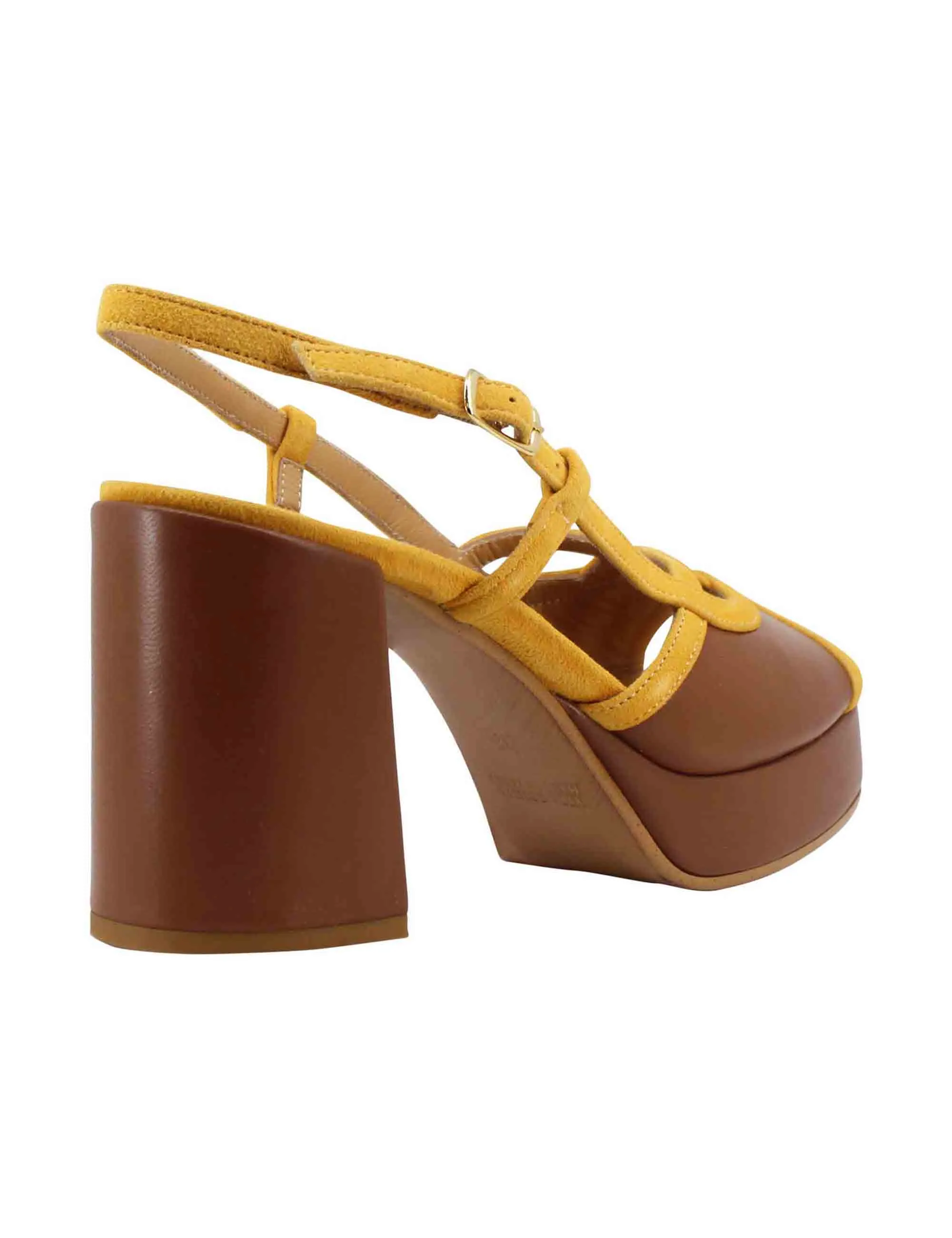 Sandali slingback donna in camoscio giallo e pelle cuoio con tacco alto e plateau