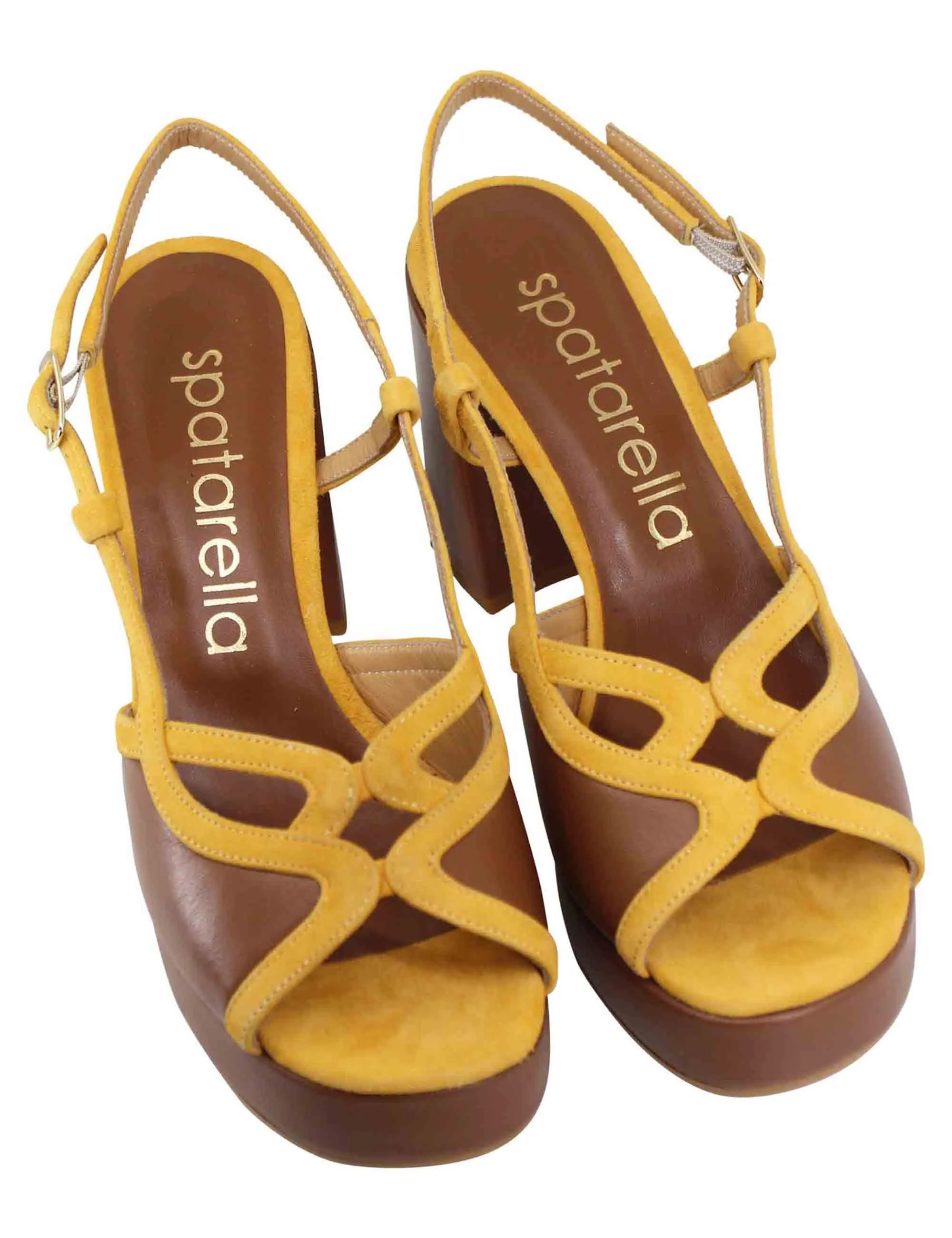 Sandali slingback donna in camoscio giallo e pelle cuoio con tacco alto e plateau