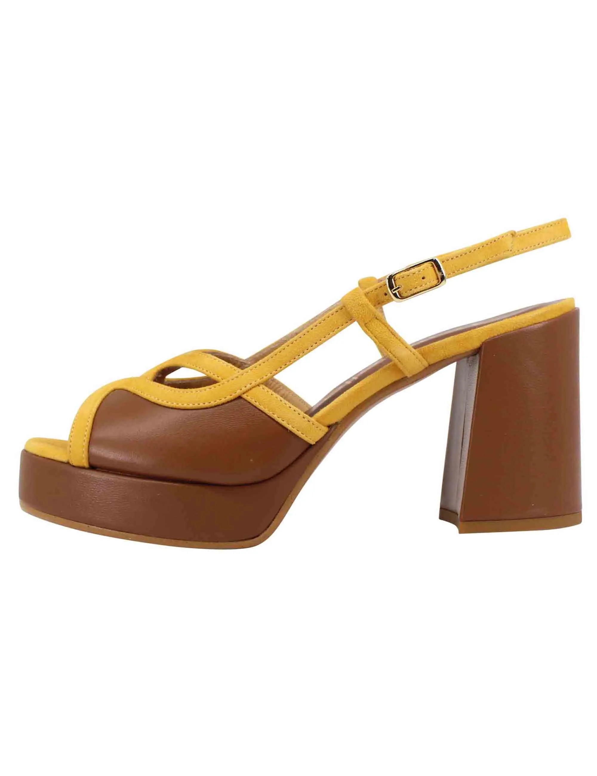 Sandali slingback donna in camoscio giallo e pelle cuoio con tacco alto e plateau