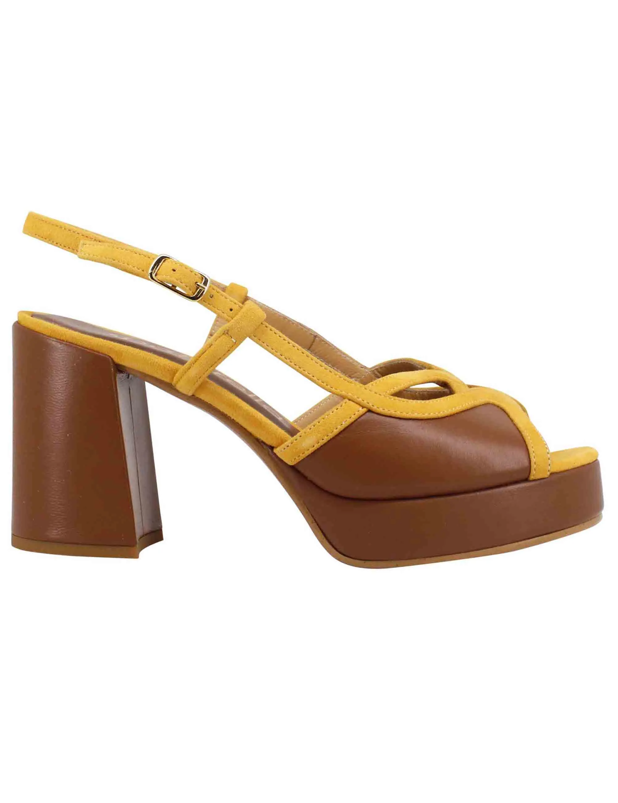 Sandali slingback donna in camoscio giallo e pelle cuoio con tacco alto e plateau