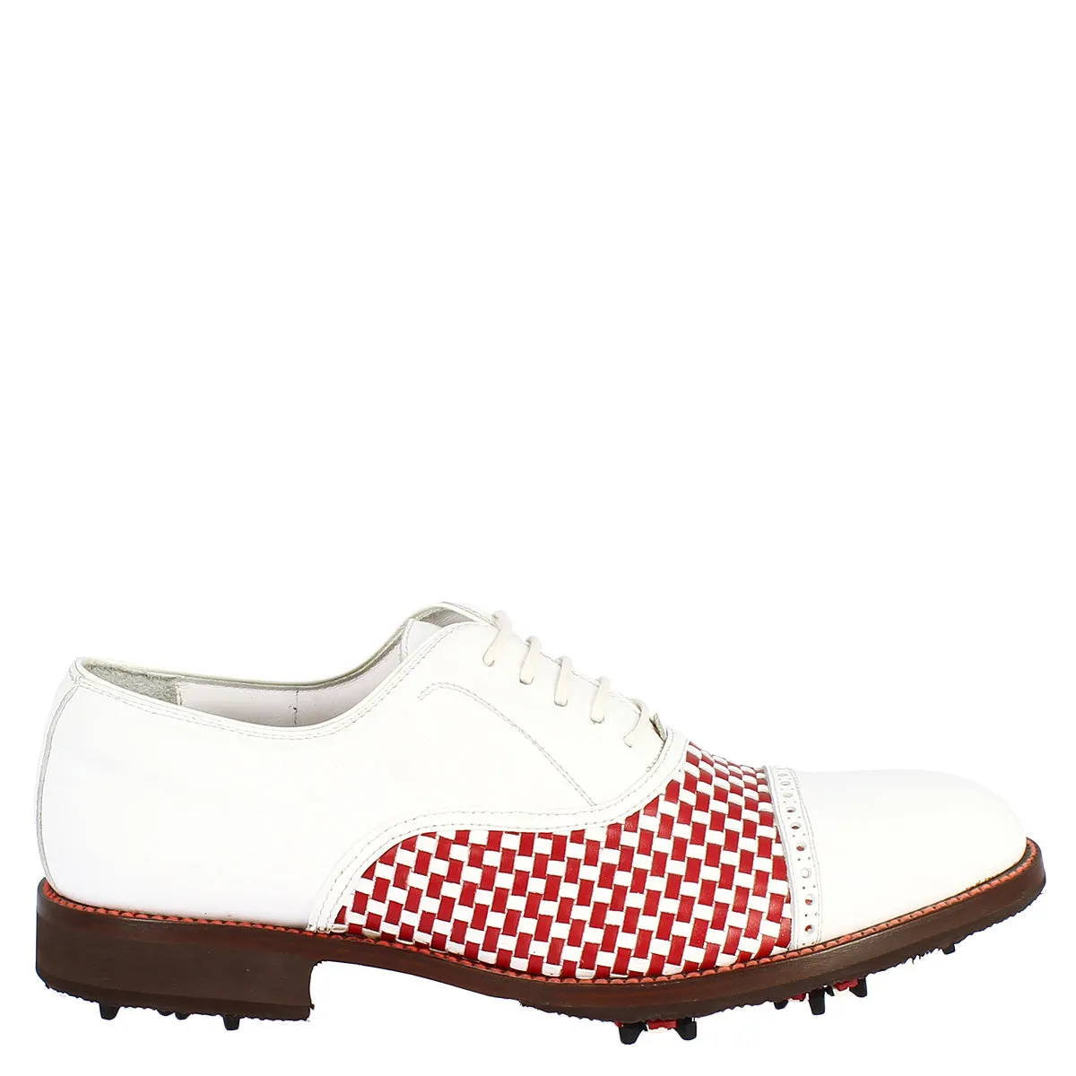 Scarpe classiche da golf donna artigianali in pelle bianca rossa