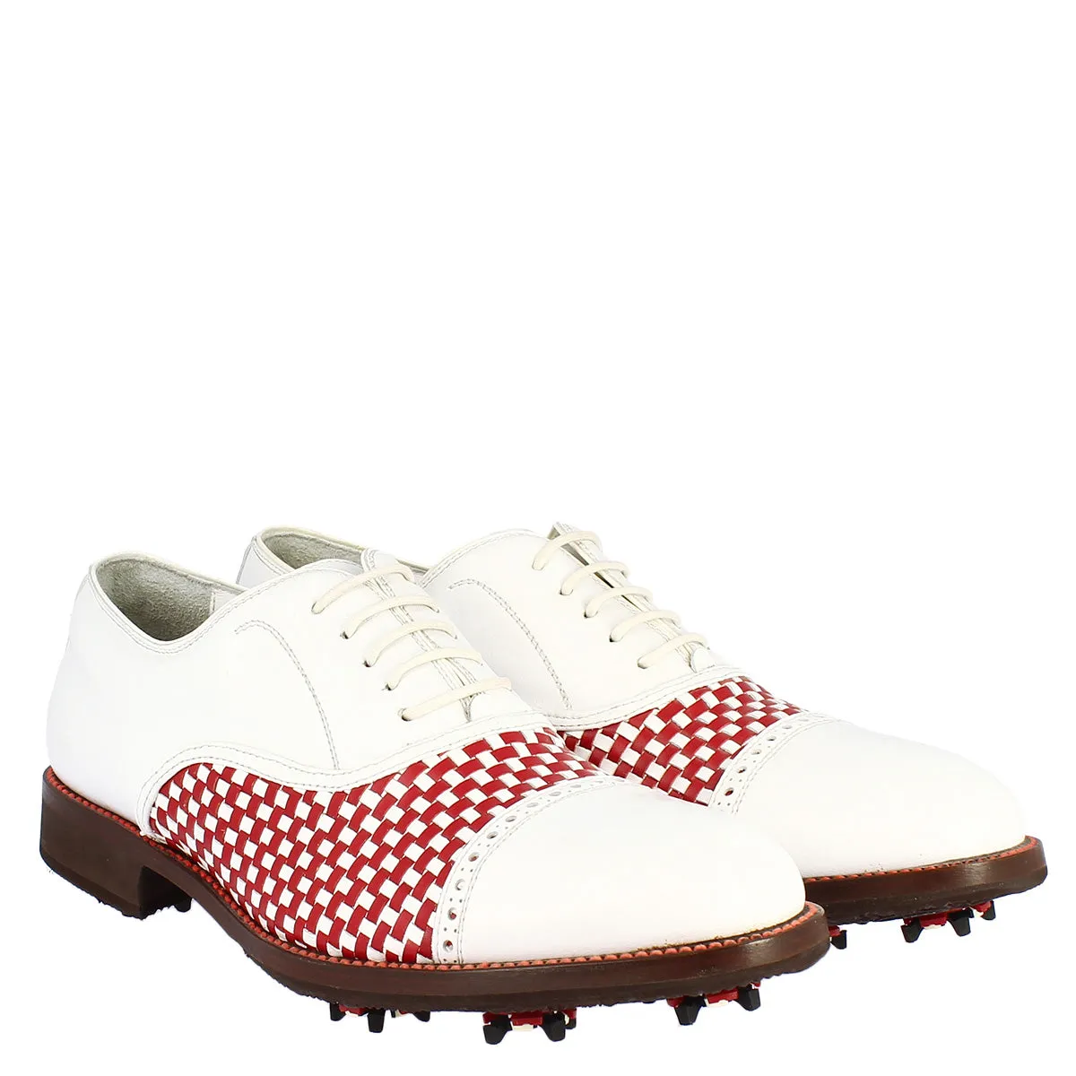 Scarpe classiche da golf donna artigianali in pelle bianca rossa