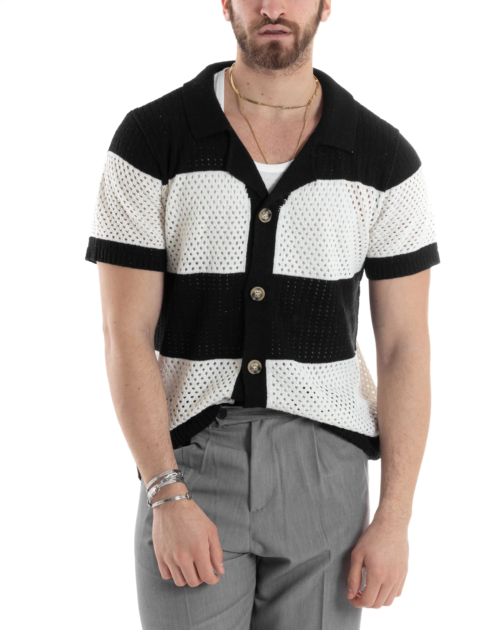 T-shirt Uomo Maglia Polo Traforata Ricamata Cardigan Manica Corta Con Bottoni A Righe Nero Casual GIOSAL-TS3001A